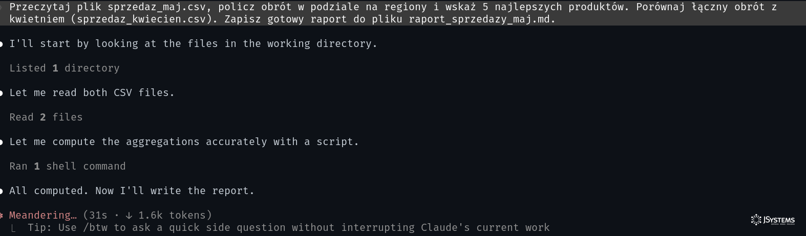 Prawdziwa sesja Claude Code: polecenie po polsku, a asystent czyta pliki, liczy dane i przygotowuje raport
