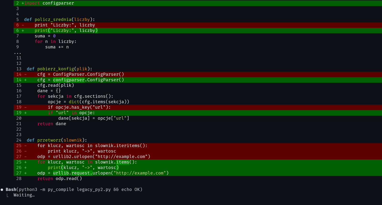 Diff realnej migracji Pythona 2 na 3: zmienione linie print, has_key zamienione na operator in, iteritems na items, urllib2 na urllib.request, a na dole agent uruchamia py_compile do weryfikacji