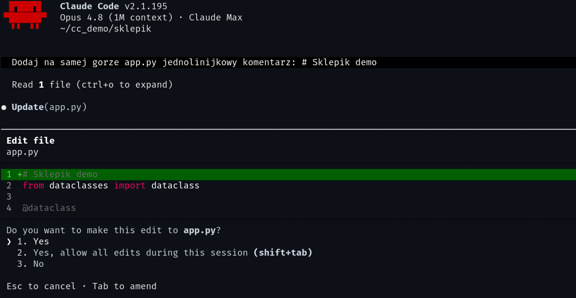 Prompt zgody w Claude Code: diff dodawanej linii w app.py i opcje Yes, Yes allow all edits, No