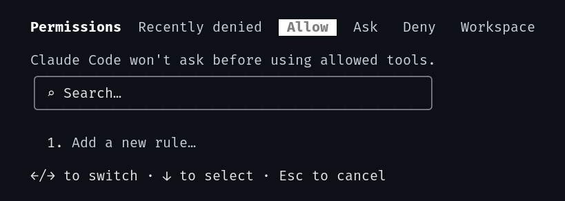 Komenda /permissions w Claude Code - panel reguł z zakładkami Recently denied, Allow, Ask, Deny, Workspace, wyszukiwarką i opcją Add a new rule