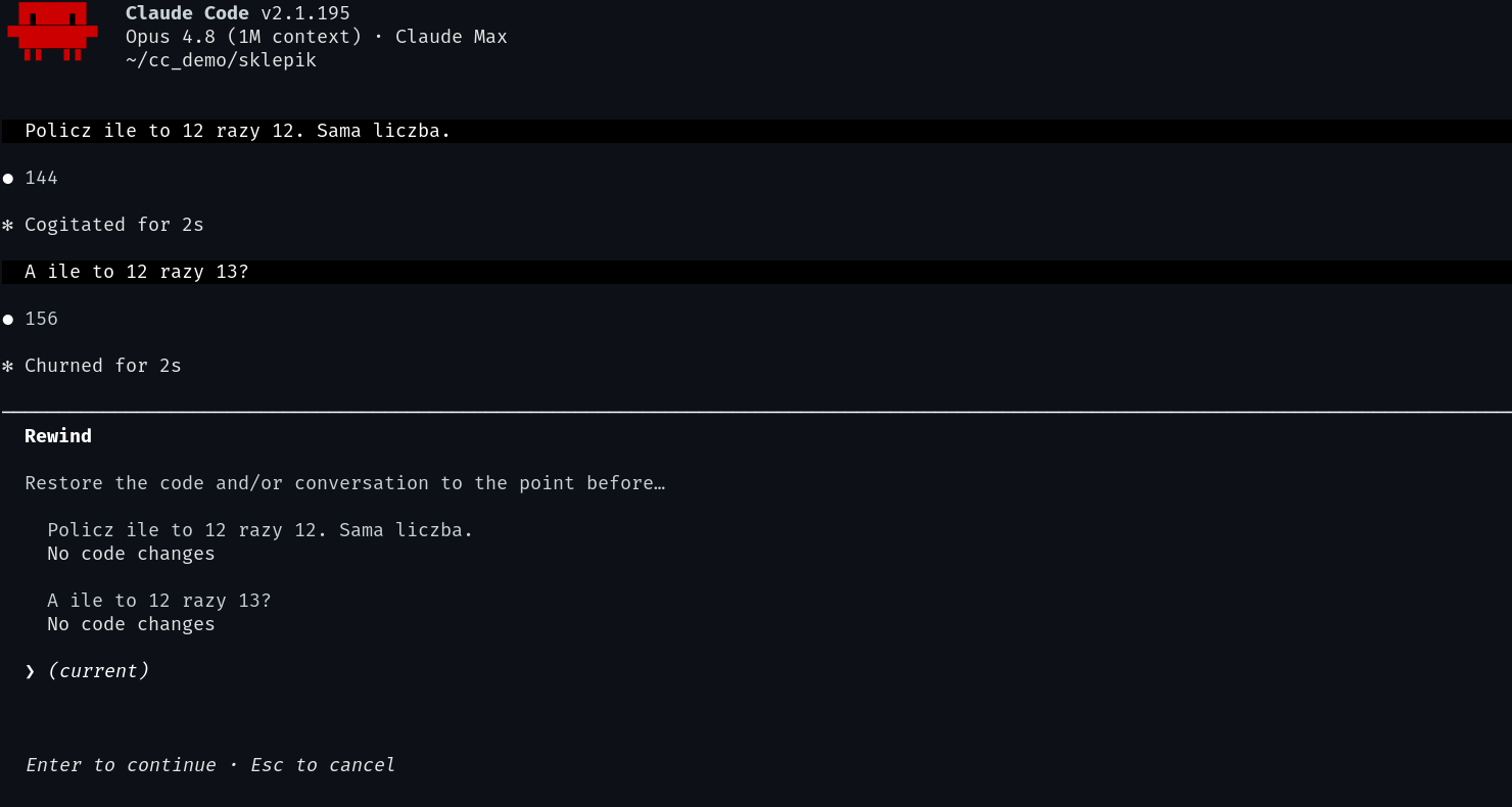 Komenda /rewind w Claude Code - wybór punktu, do którego cofnąć kod i rozmowę