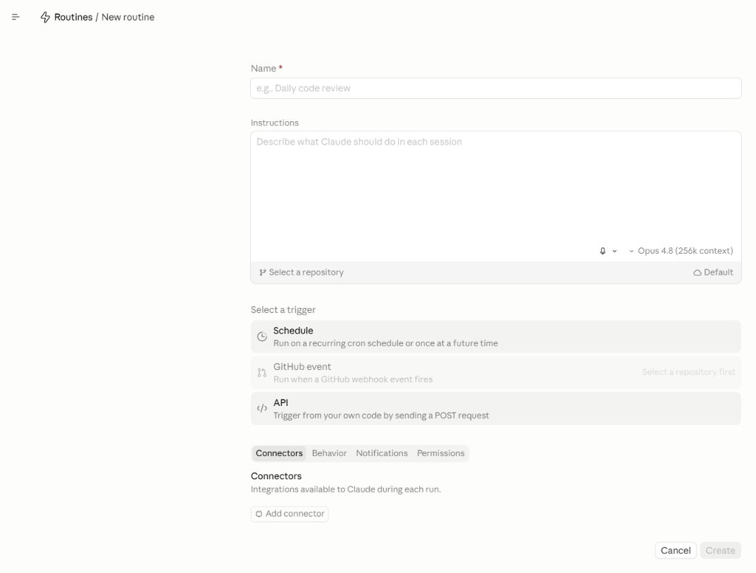 Formularz nowej rutyny w Claude Code z selektorem wyzwalaczy Schedule, GitHub event, API