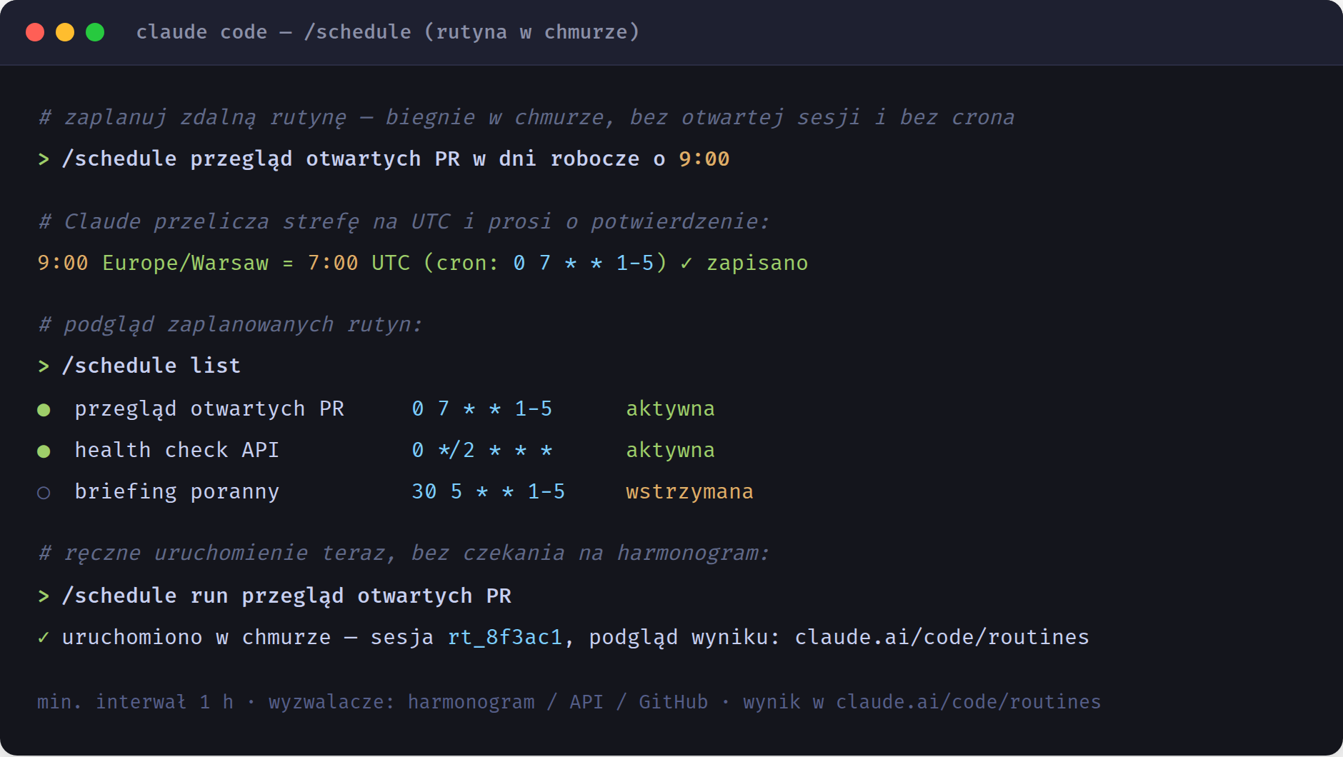 Komenda /schedule w terminalu Claude Code - tworzenie rutyny, przeliczenie strefy na UTC