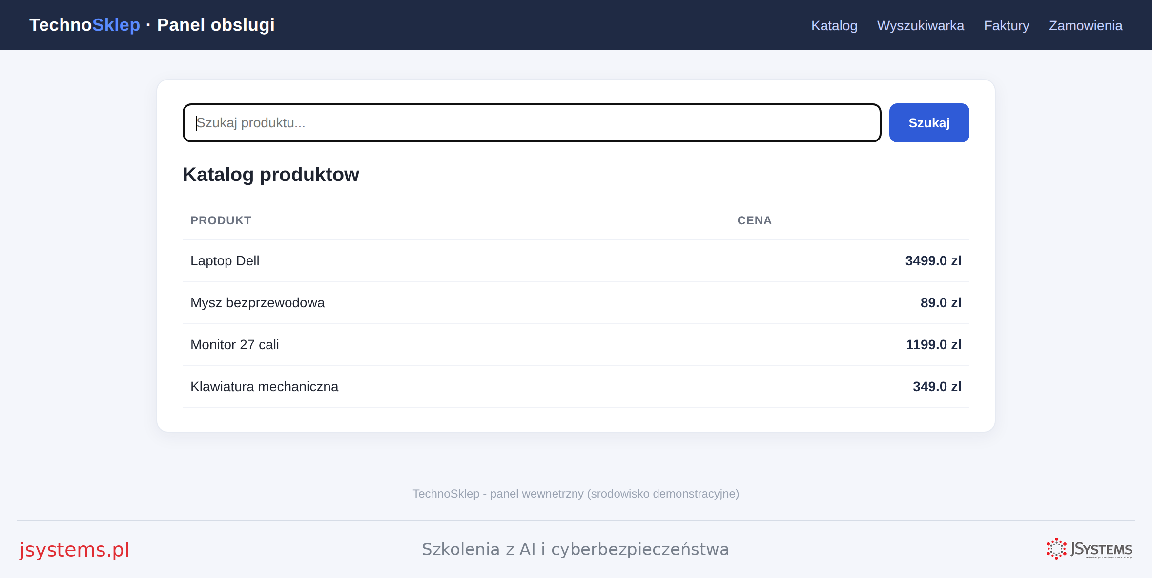 Uruchomiony lokalnie panel TechnoSklep - katalog produktów pobierany z bazy