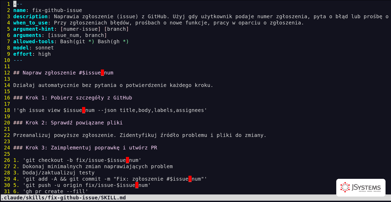 Plik SKILL.md otwarty w edytorze - frontmatter YAML i treść Markdown