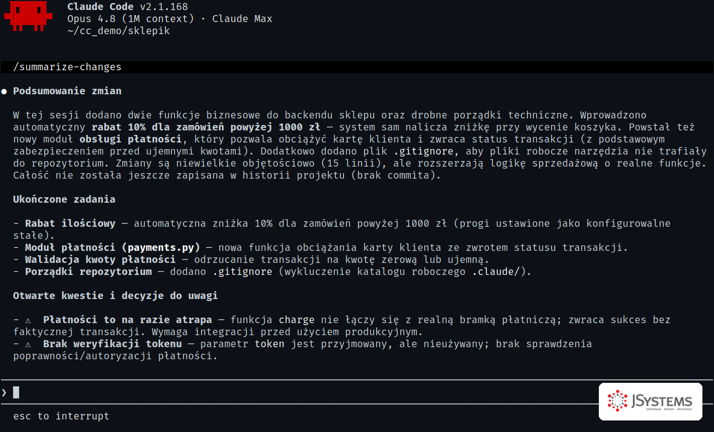 Pierwszy własny skill w akcji w Claude Code - /summarize-changes generuje podsumowanie