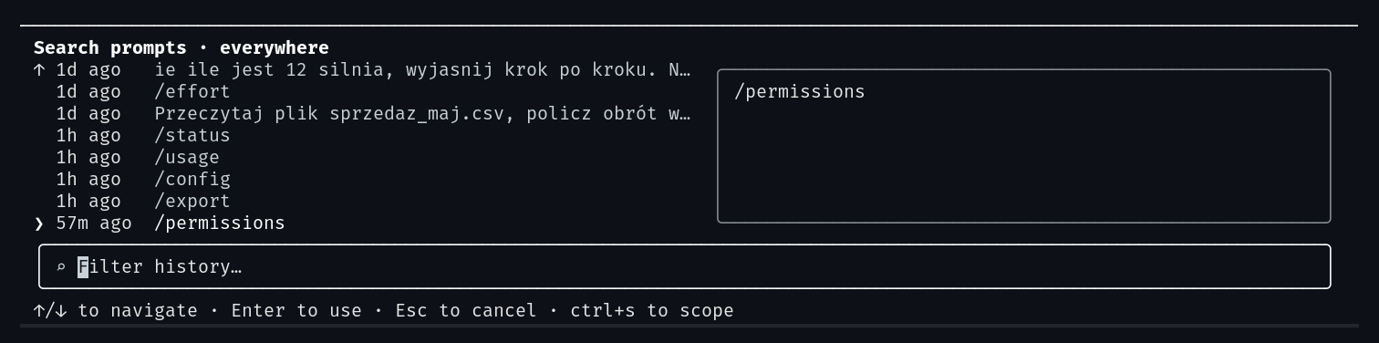 Przeszukiwanie historii promptów w Claude Code po Ctrl+R: lista wcześniejszych wiadomości ze znacznikami czasu, podgląd wybranego wpisu i pole filtrowania
