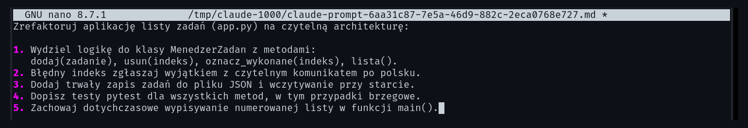 Długi prompt otwarty w zewnętrznym edytorze nano uruchomionym z Claude Code przez zmienną $EDITOR — wieloliniowa, ponumerowana lista wymagań refaktoryzacji