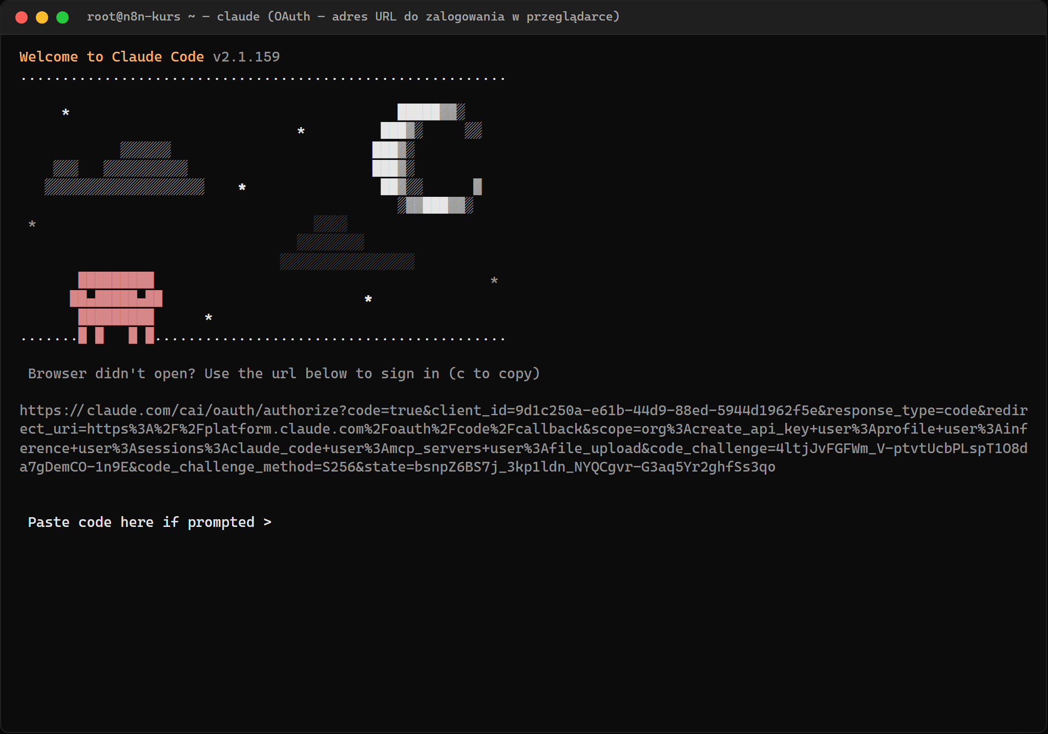 Claude Code -  URL OAuth do skopiowania
