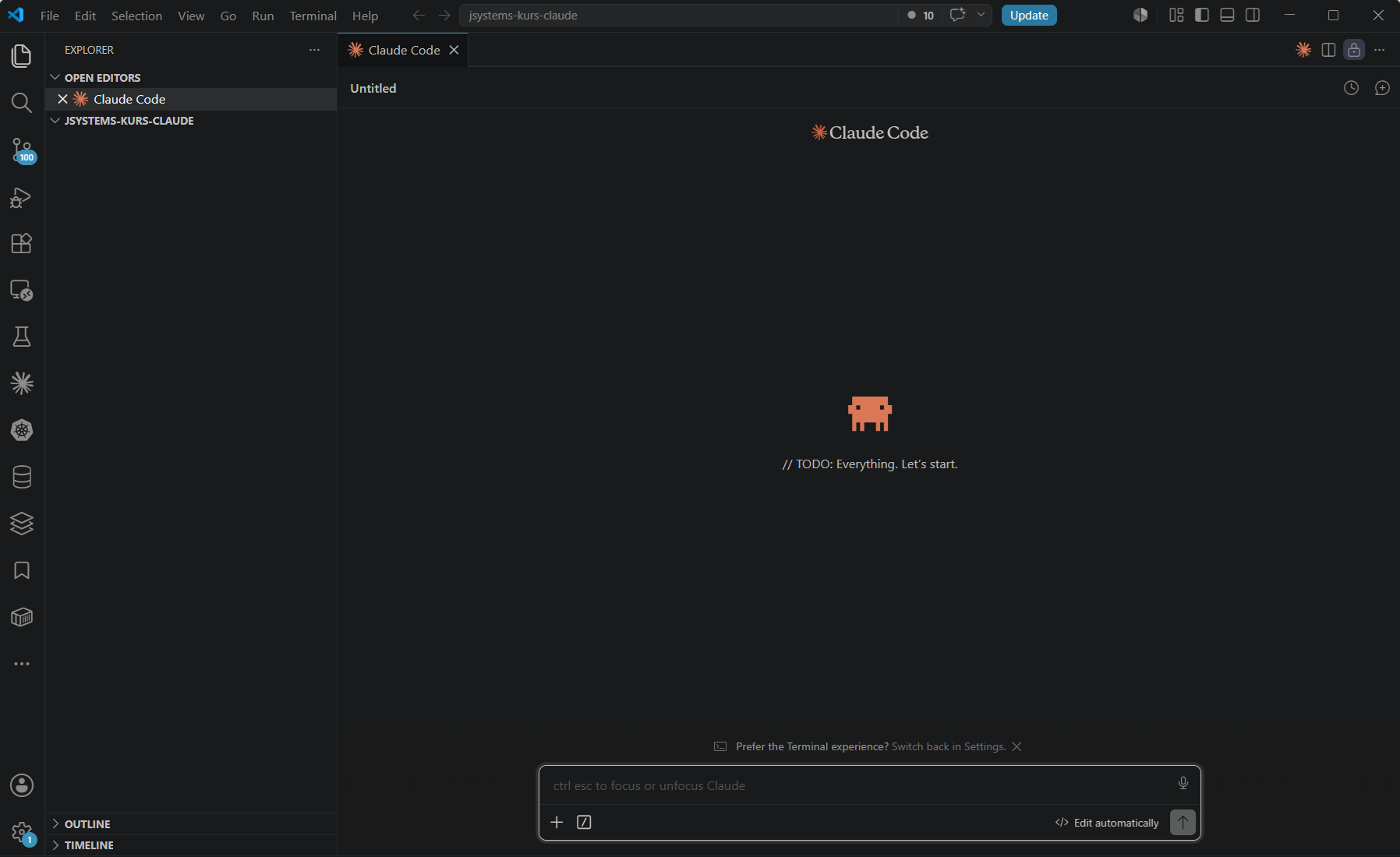 VS Code -  działający panel Claude Code z pomarańczową ikoną i polem czatu