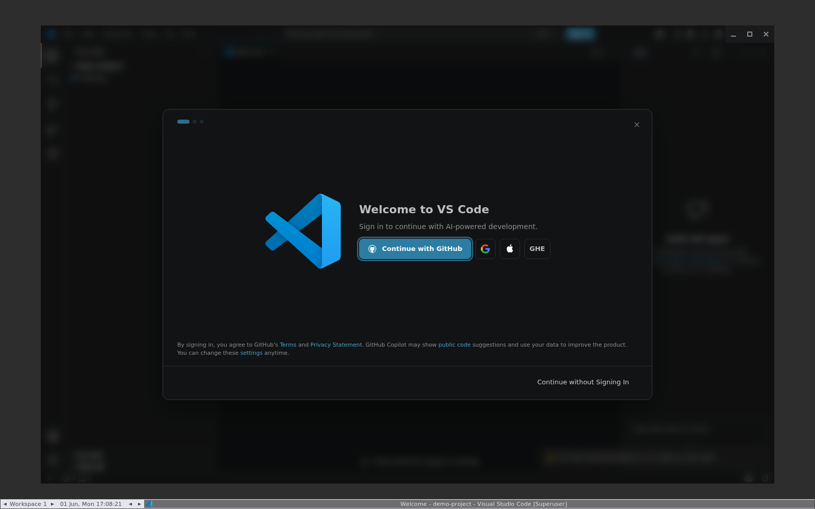 VS Code -  dialog Welcome to VS Code Sign in