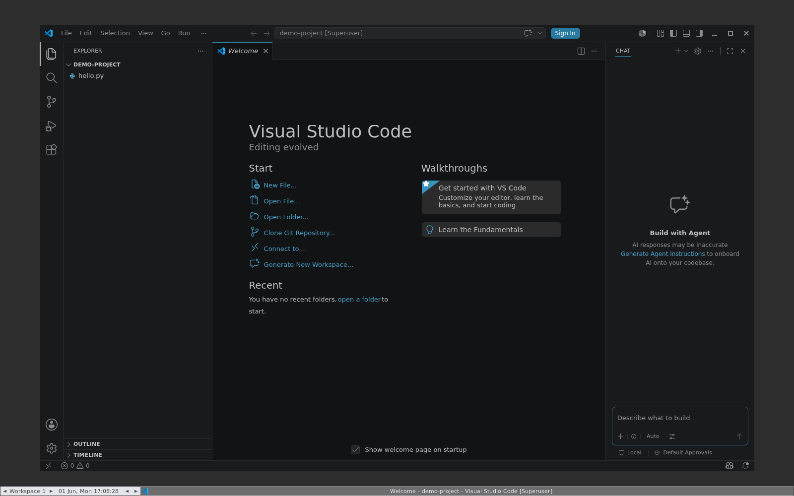 VS Code -  ekran powitalny z otwartym projektem