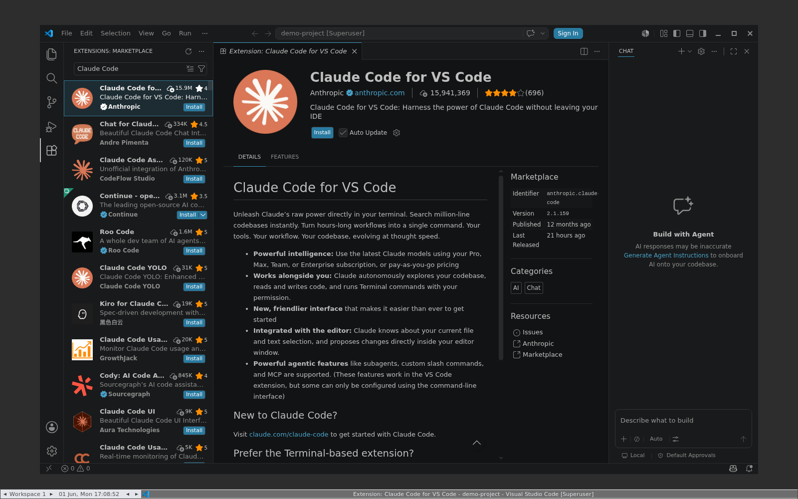 VS Code -  strona szczegółów rozszerzenia Claude Code for VS Code