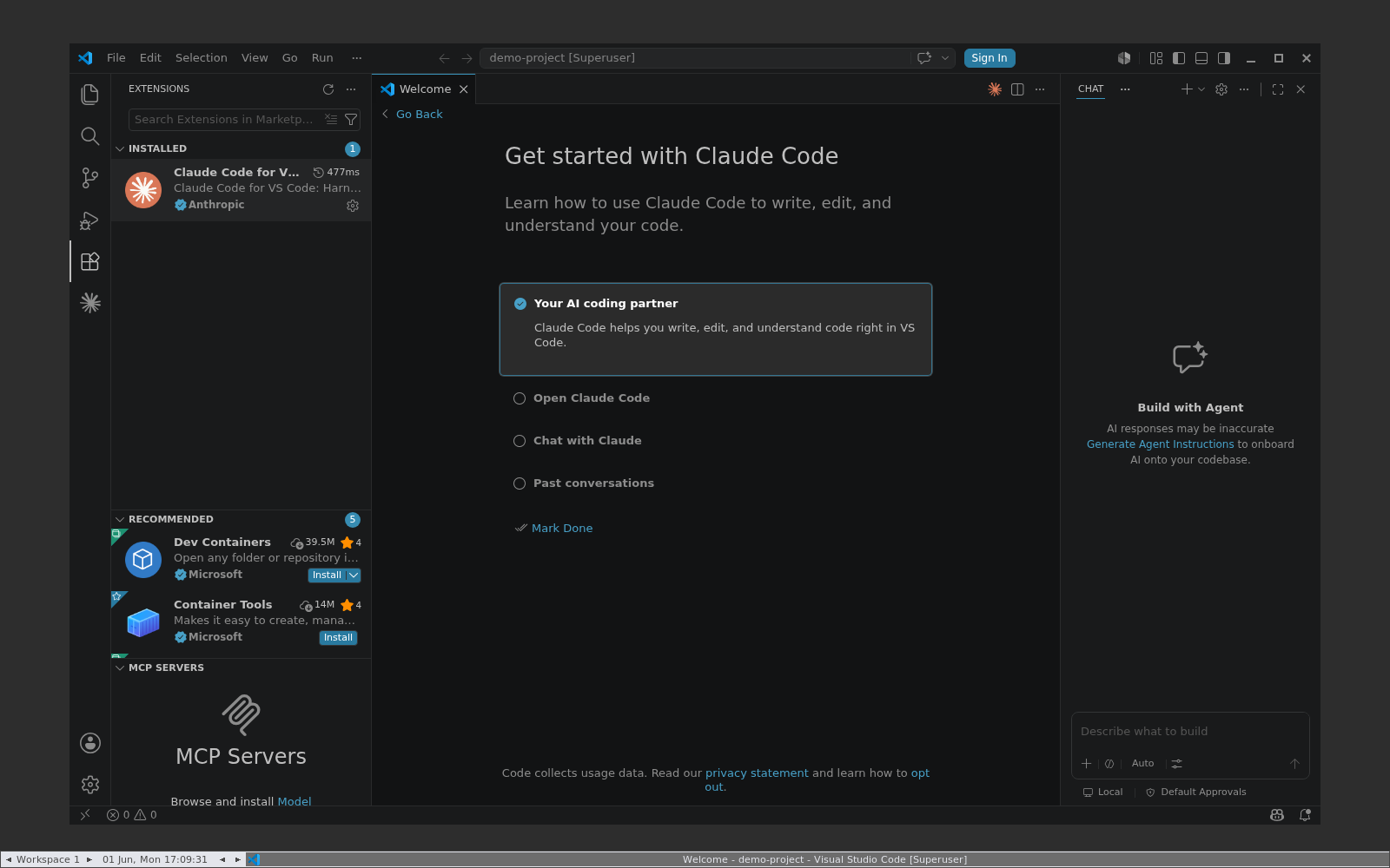 VS Code -  walkthrough Get started with Claude Code