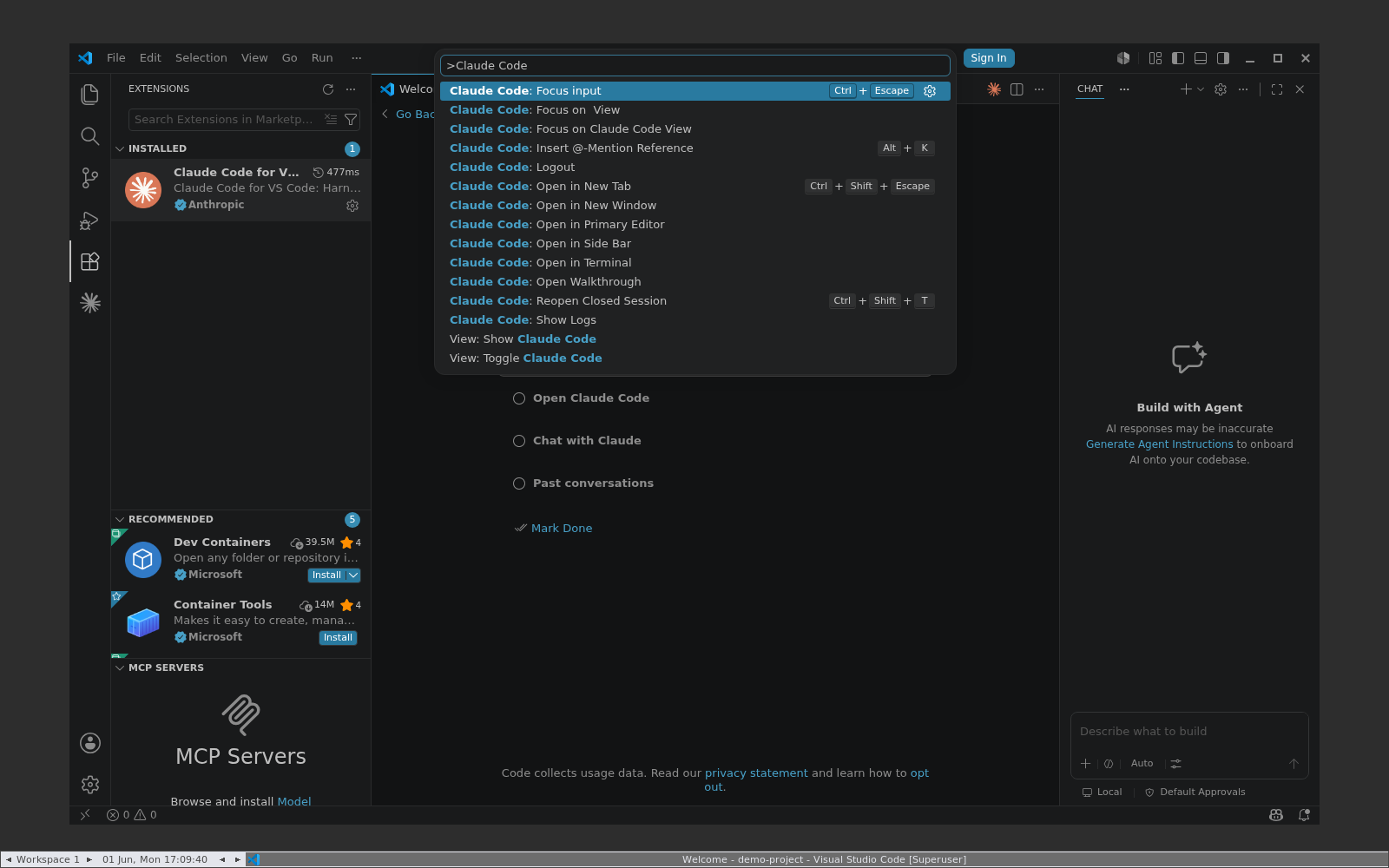 VS Code -  Command Palette z komendami Claude Code