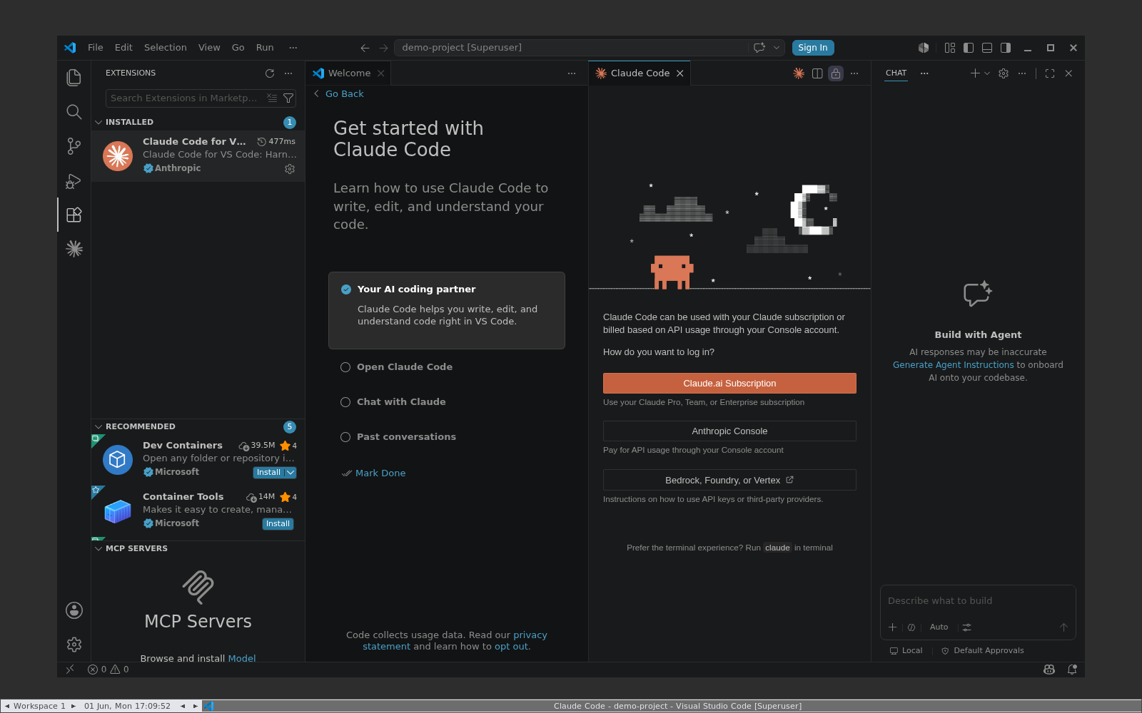 VS Code -  panel czatu Claude Code z wyborem Use a Subscription albo API key