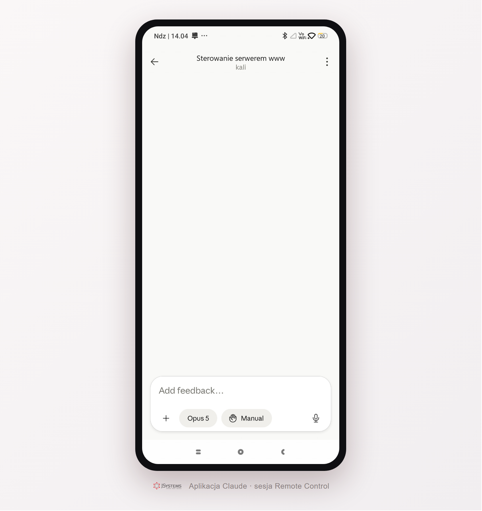 Aplikacja Claude na telefonie: otwarta sesja Remote Control. Rozmowa jest zsynchronizowana z terminalem, a praca cały czas liczy się na laptopie.