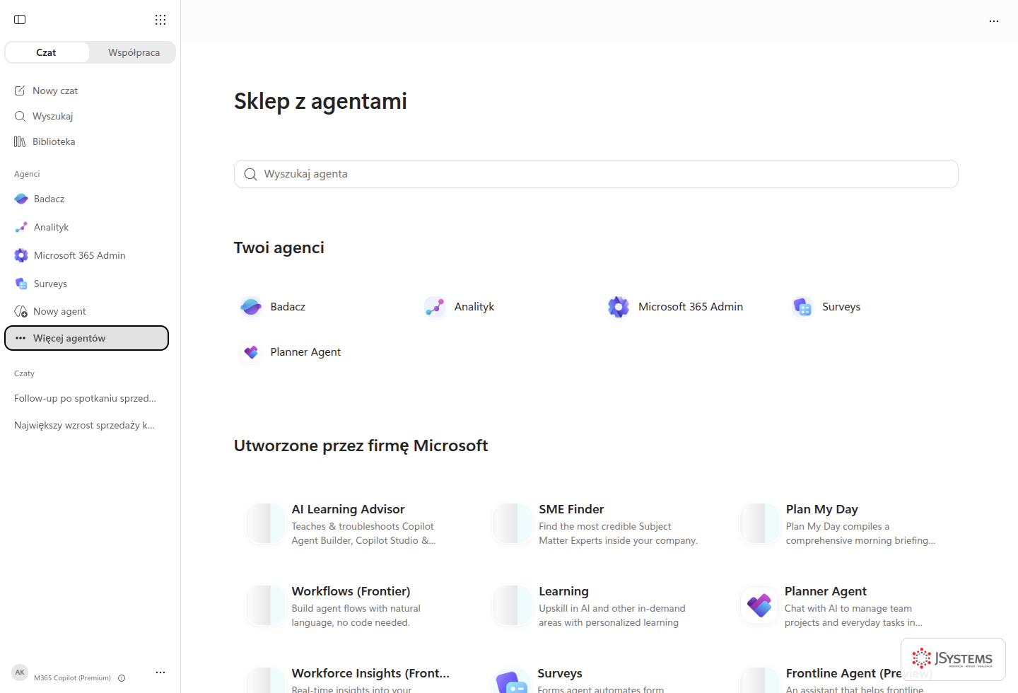 Sklep z agentami w Microsoft 365 Copilot - agenci Microsoftu i możliwość utworzenia własnego