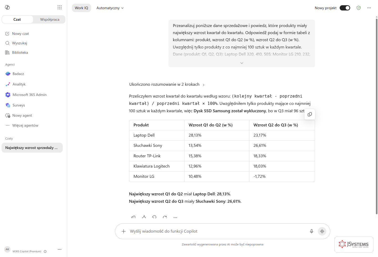 Microsoft 365 Copilot z licencją wykonuje prompt do analizy sprzedaży i zwraca tabelę wzrostów