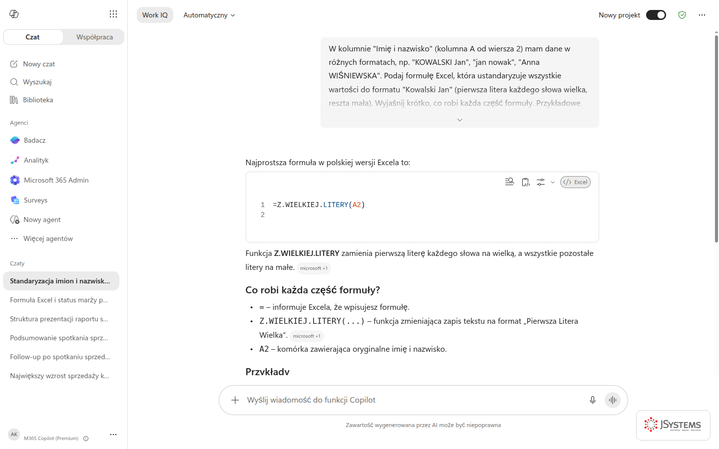 Wynik Promptu 3: formuła czyszcząca nazwiska do jednolitego formatu, z wyjaśnieniem.