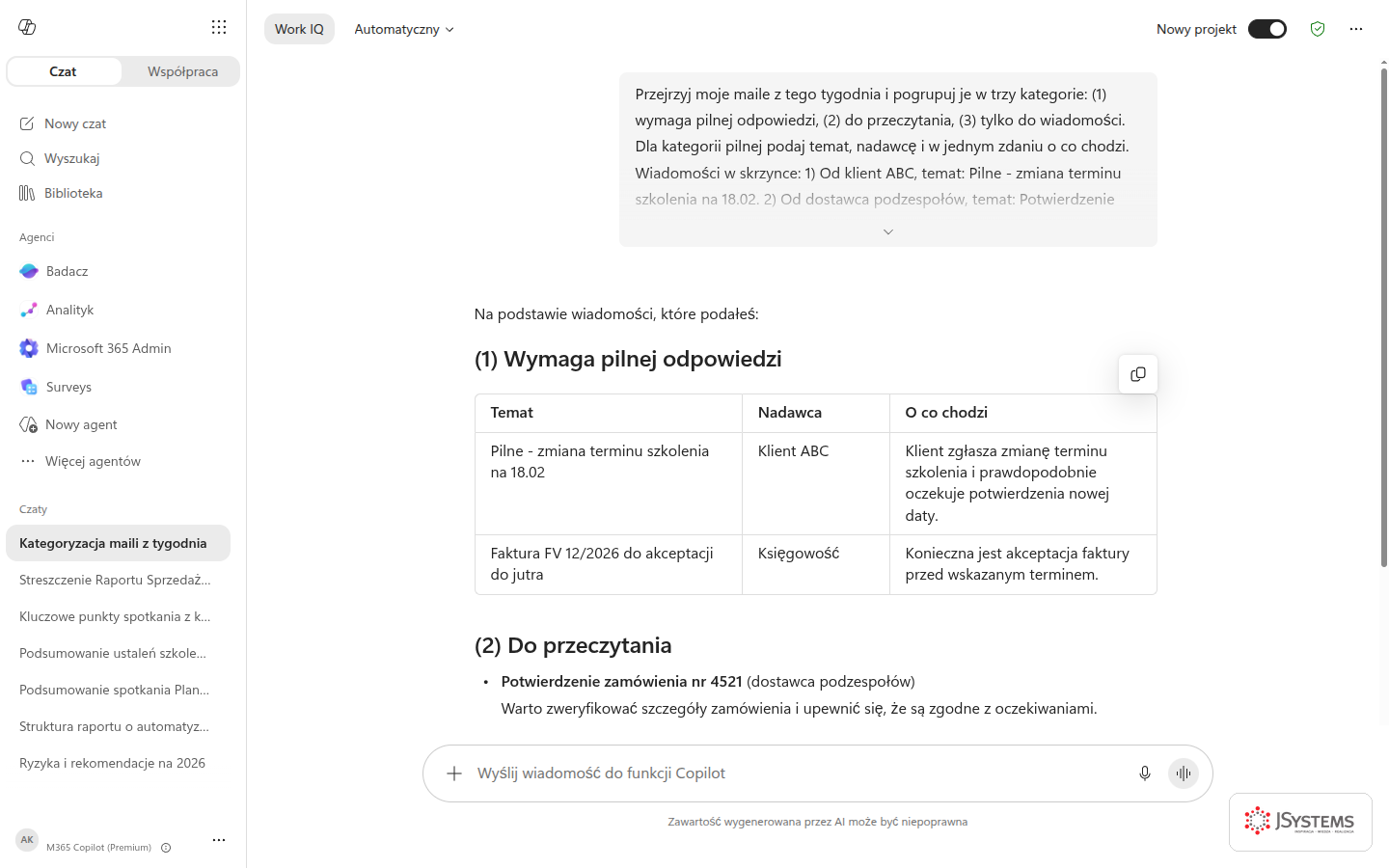 Wynik Promptu 19: maile pogrupowane według pilności z jednozdaniowym opisem.