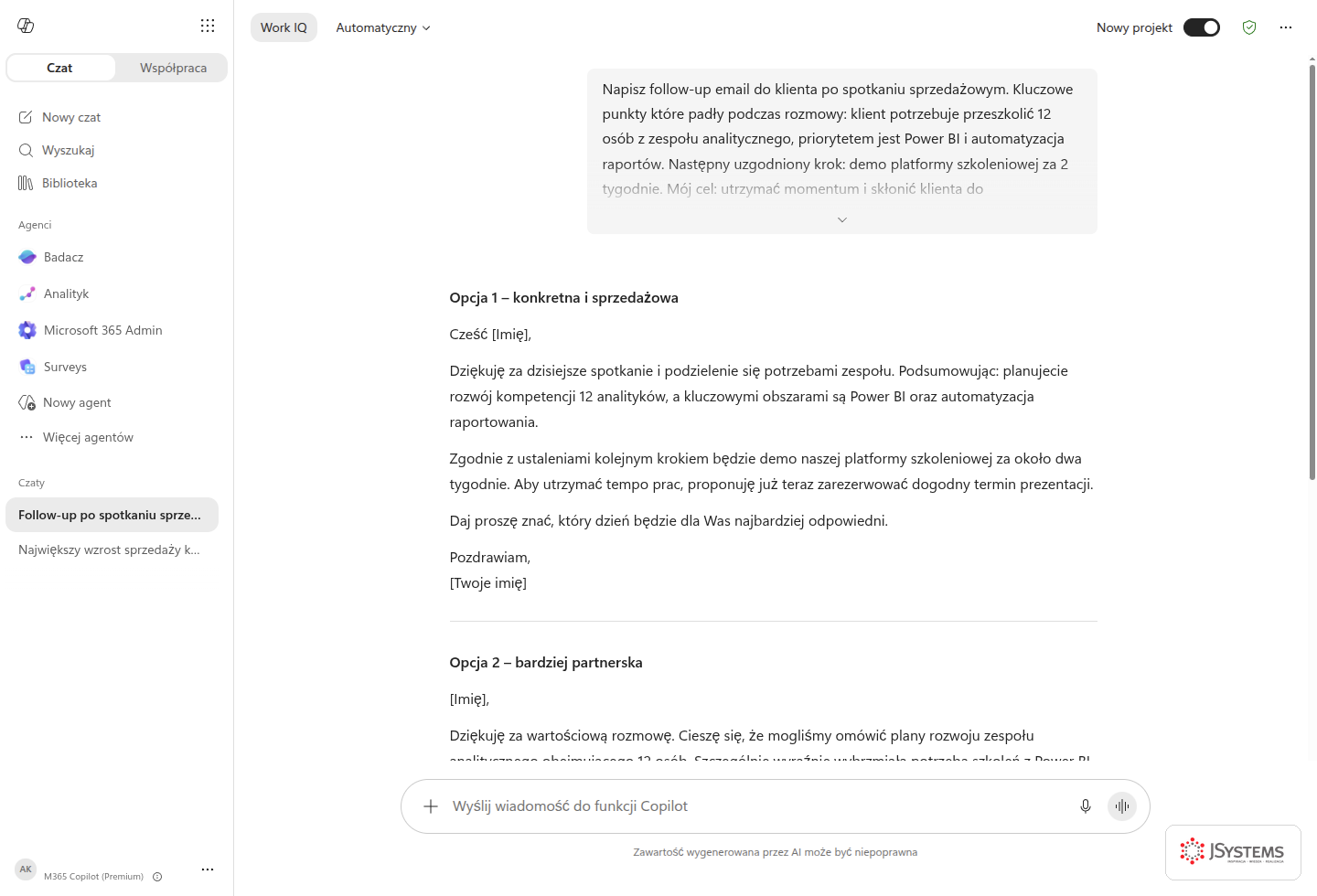 Copilot pisze follow-up email po spotkaniu sprzedażowym w dwóch wariantach tonu