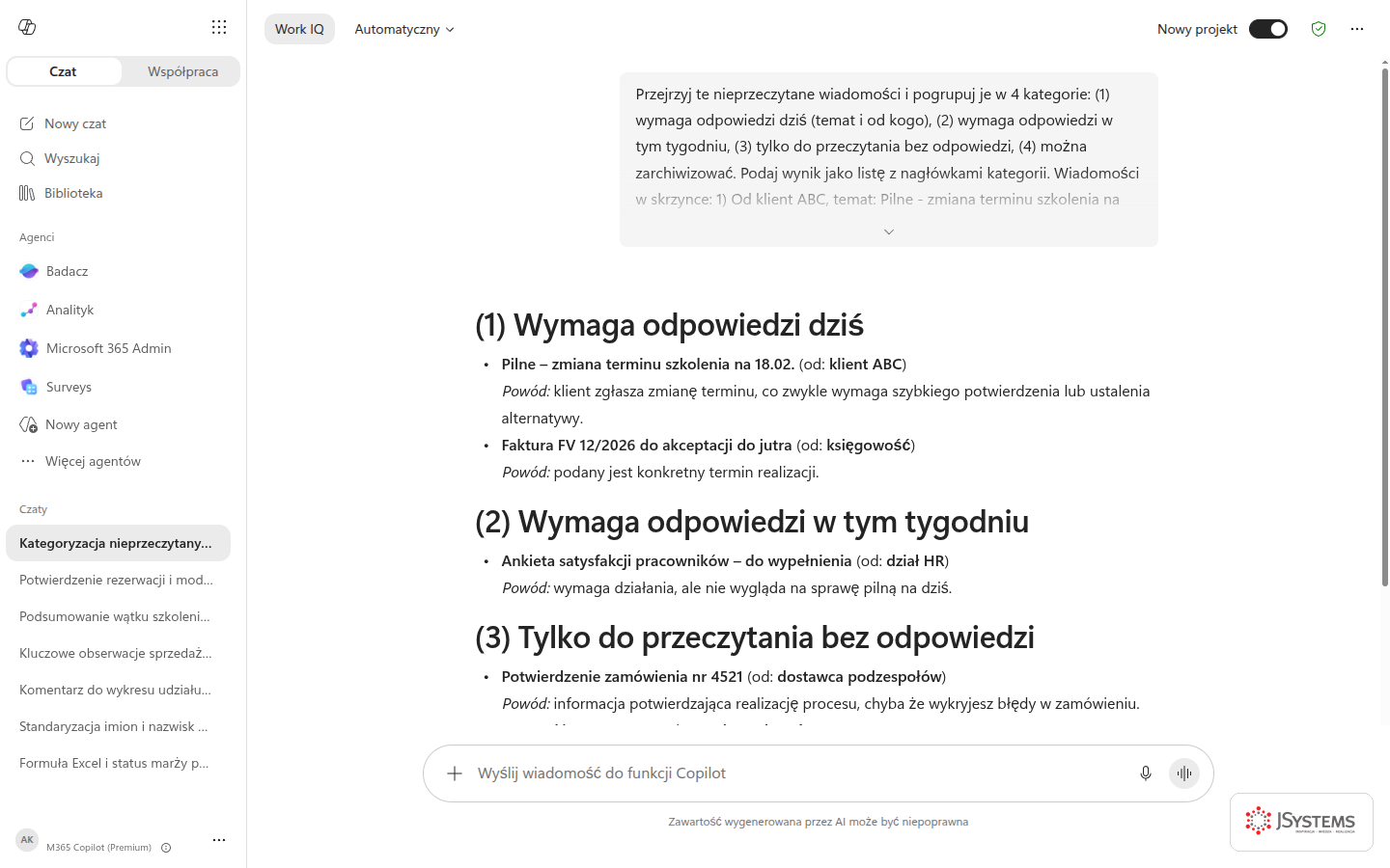 Wynik Promptu 9: skrzynka pogrupowana na cztery kategorie priorytetu.