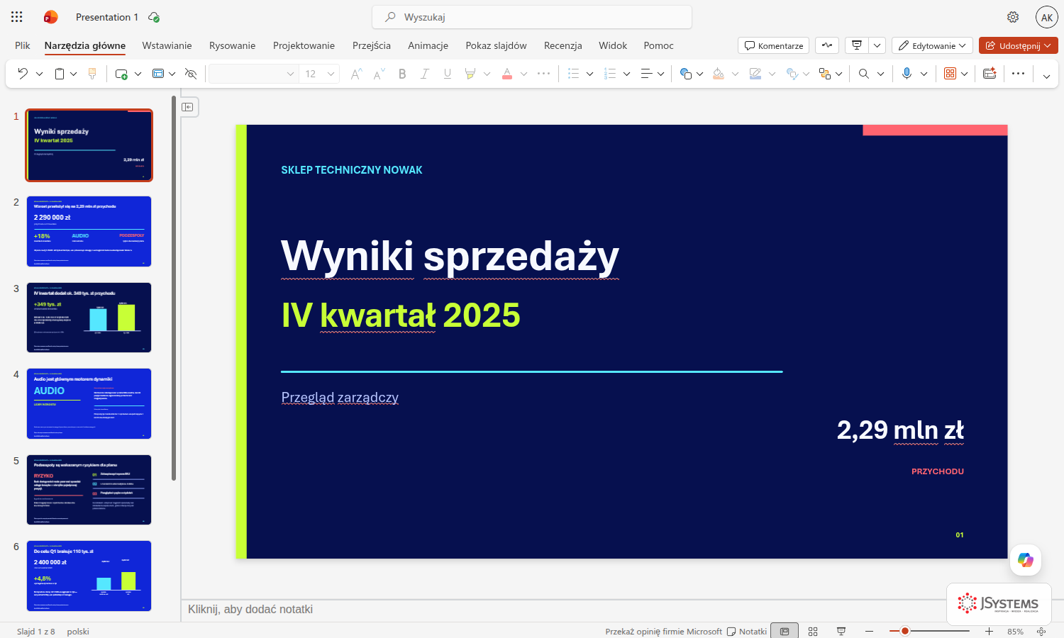 Zbliżenie slajdu tytułowego prezentacji wygenerowanej przez Copilot