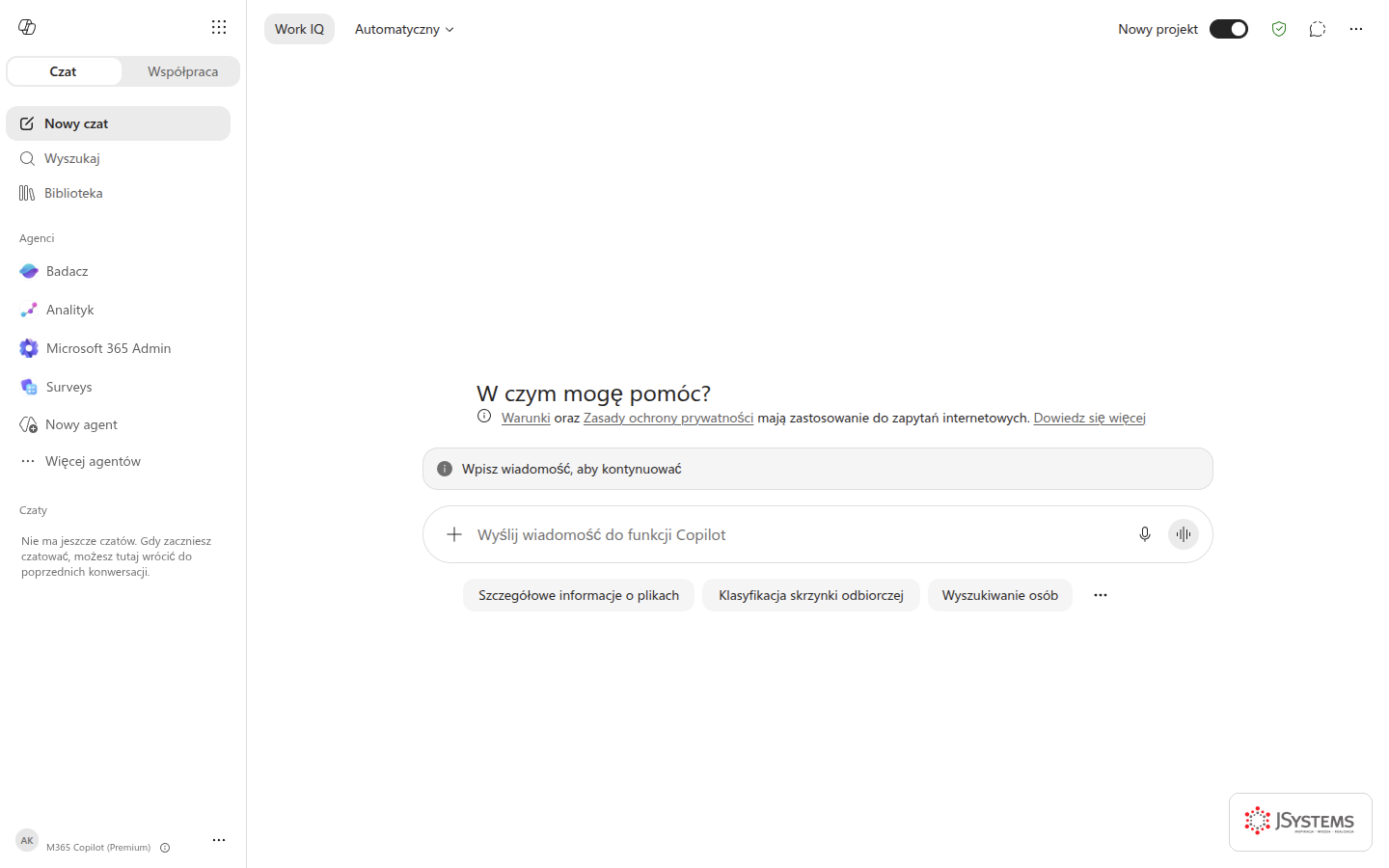 Interfejs licencjonowanego Microsoft 365 Copilot z panelem agentów po lewej