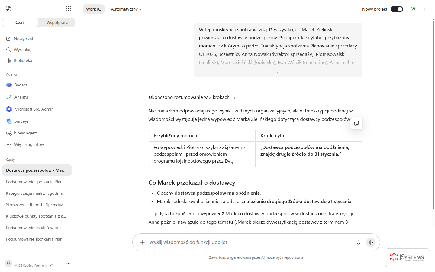 Wynik Promptu 21: wyszukanie konkretnego wątku w transkrypcji z cytatami.