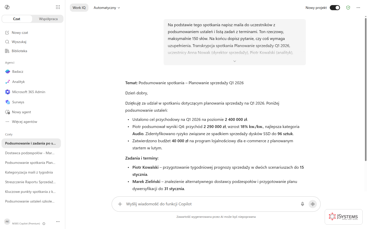 Wynik Promptu 22: gotowy follow-up e-mail z ustaleniami i zadaniami.