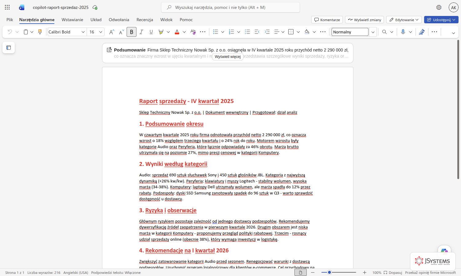 Raport otwarty w Word z podsumowaniem Copilot na górze dokumentu