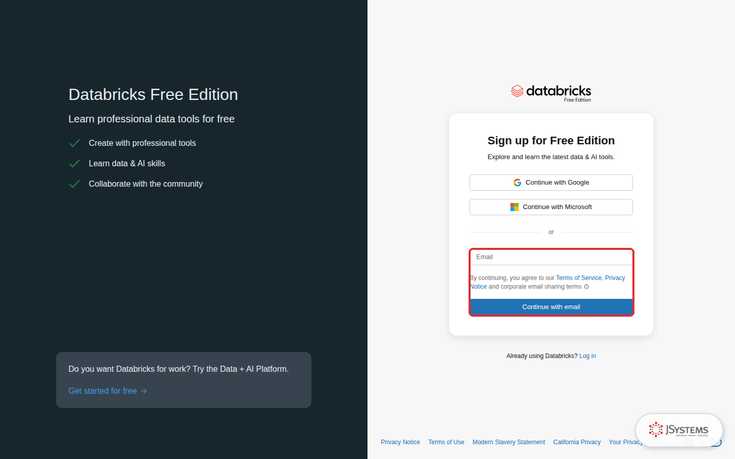 Formularz rejestracji Databricks Free Edition z przyciskami Continue with Google, Continue with Microsoft i polem Email