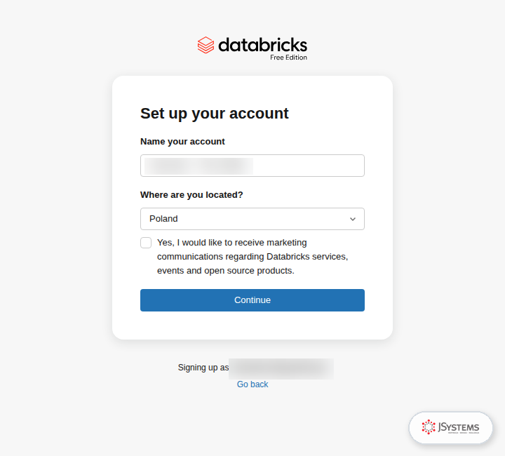 Ekran Set up your account w Databricks Free Edition z nazwą konta, wyborem kraju Poland i przyciskiem Continue