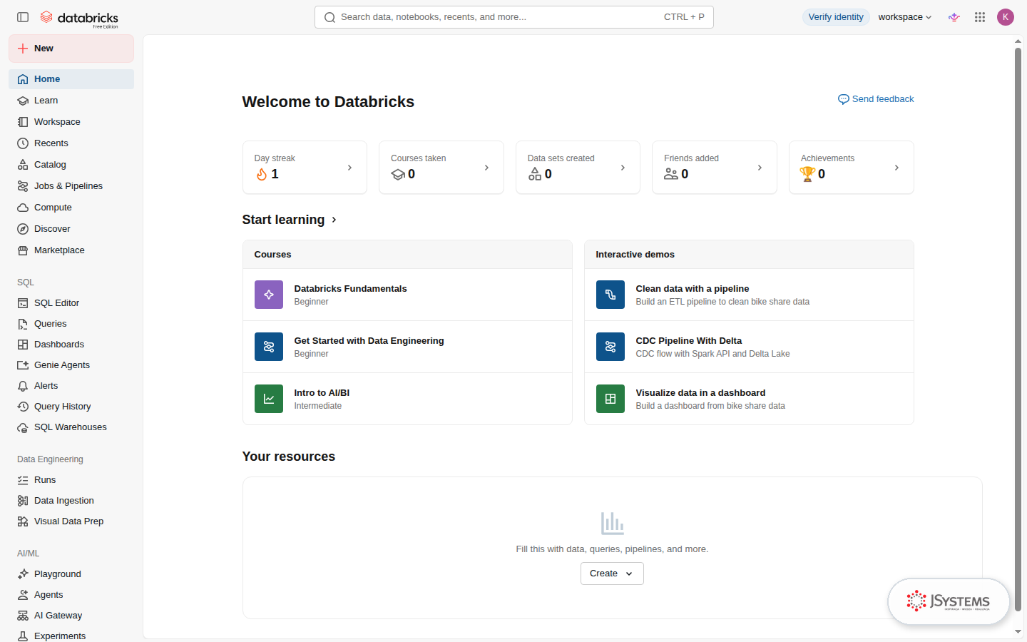 Strona startowa Databricks Free Edition z paskiem bocznym: Workspace, Catalog, Jobs & Pipelines, Compute, SQL i AI/ML