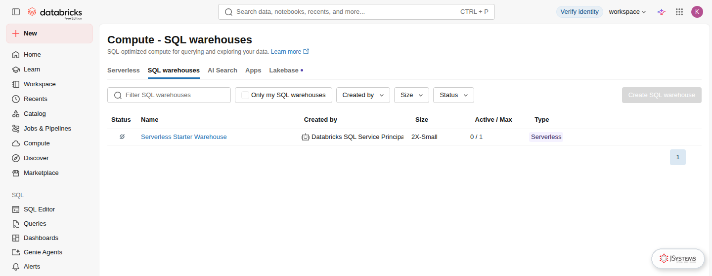 Zakładka SQL warehouses na stronie Compute w Databricks Free Edition z hurtownią Serverless Starter Warehouse 2X-Small