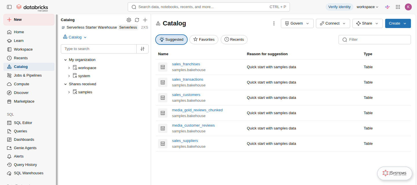 Catalog Explorer w Databricks z katalogami workspace, system i samples oraz podpowiedziami tabel z przykładowych danych