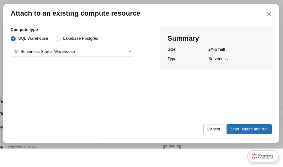 Okno Attach to an existing compute resource w edytorze SQL Databricks z wyborem Serverless Starter Warehouse 2X-Small