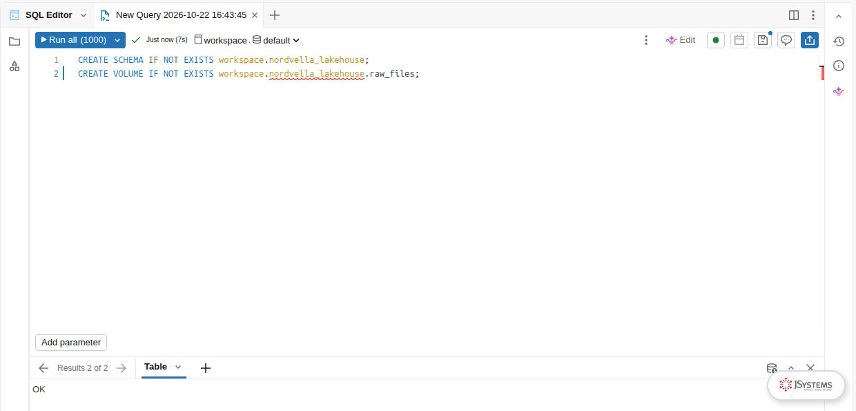 Edytor SQL Databricks z poleceniami CREATE SCHEMA i CREATE VOLUME oraz wynikiem OK