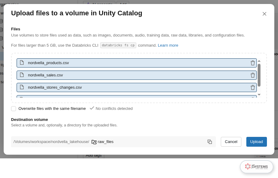 Okno Upload files to a volume in Unity Catalog z plikami CSV Nordvella i ścieżką wolumenu raw_files