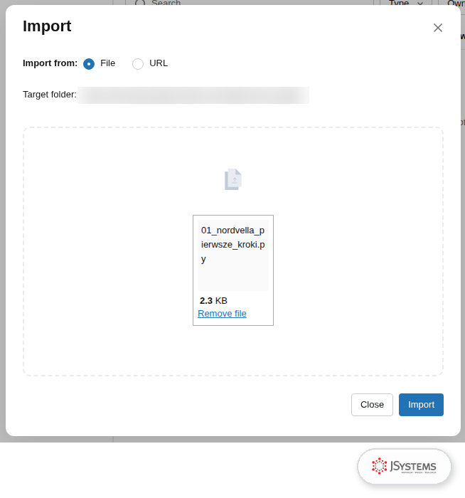 Okno Import w workspace Databricks z wybranym plikiem notebooka 01_nordvella_pierwsze_kroki.py