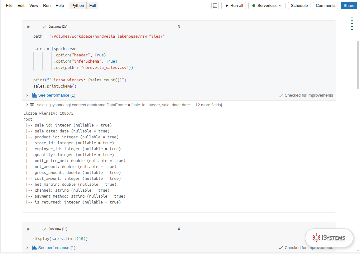 Komórka notebooka Databricks z kodem PySpark wczytującym nordvella_sales.csv, liczbą 108675 wierszy i schematem kolumn