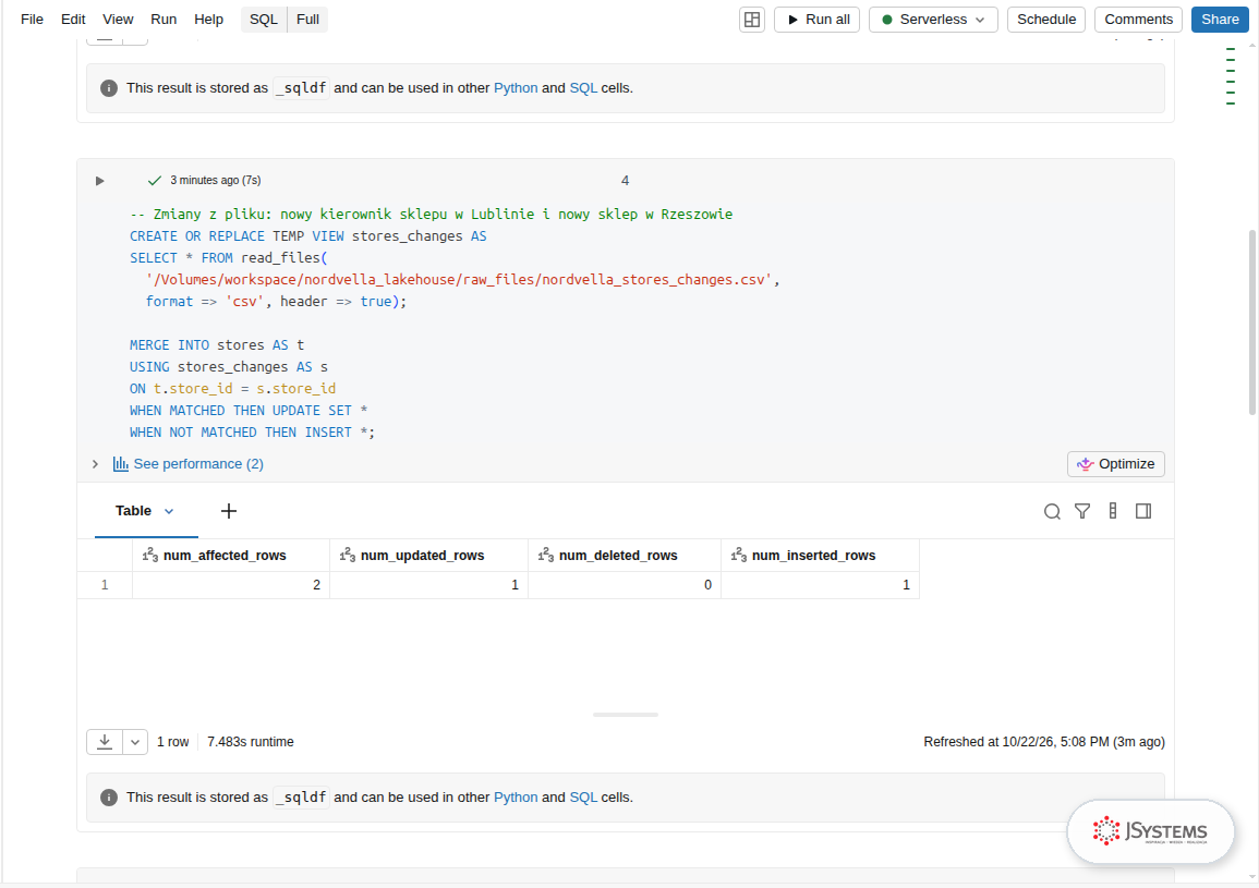 Komórka notebooka Databricks z poleceniem MERGE INTO na tabeli stores i wynikiem: 1 wiersz zmieniony, 1 wstawiony