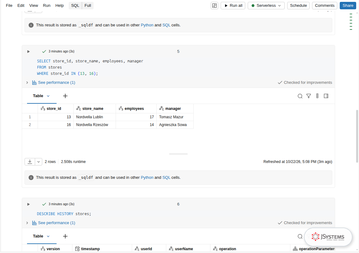 Tabela stores po MERGE w Databricks: sklep w Lublinie z kierownikiem Tomasz Mazur i nowy sklep w Rzeszowie