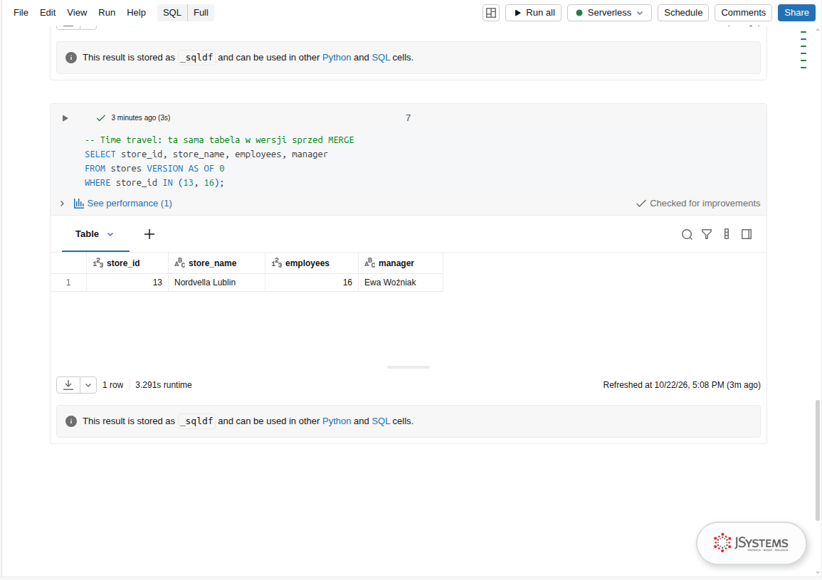 Zapytanie VERSION AS OF 0 w Databricks zwraca sklep w Lublinie ze starym kierownikiem Ewa Woźniak i bez sklepu w Rzeszowie