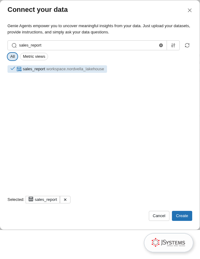 Okno Connect your data przy tworzeniu Genie Agent w Databricks z wybranym widokiem sales_report