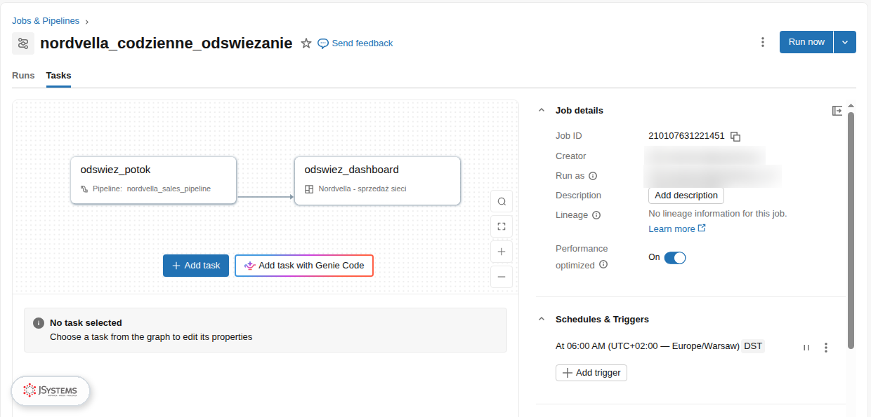 Zadanie Lakeflow Jobs w Databricks z krokami odswiez_potok i odswiez_dashboard oraz harmonogramem 6:00 Europe/Warsaw