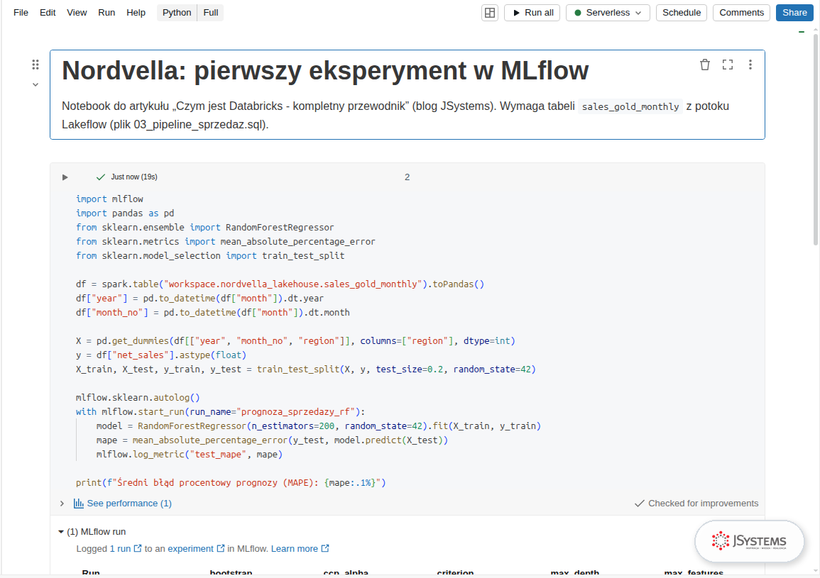 Notebook Databricks z kodem scikit-learn i MLflow: autolog, start_run i komunikat o zapisaniu przebiegu w eksperymencie