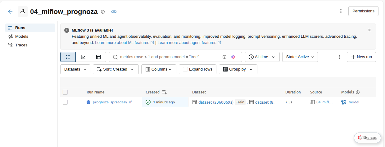 Eksperyment MLflow w Databricks z przebiegiem prognoza_sprzedazy_rf, zbiorem danych Train i zapisanym modelem
